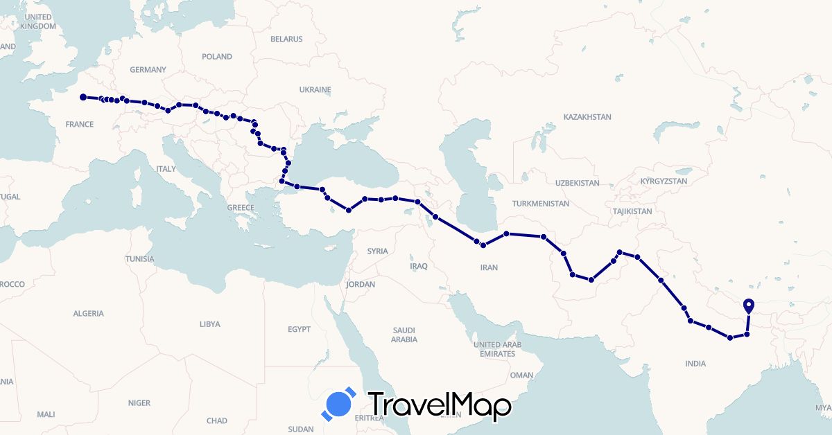 TravelMap itinerary: driving in Afghanistan, Austria, Bulgaria, Germany, France, Hungary, India, Iran, Nepal, Pakistan, Romania, Turkey (Asia, Europe)